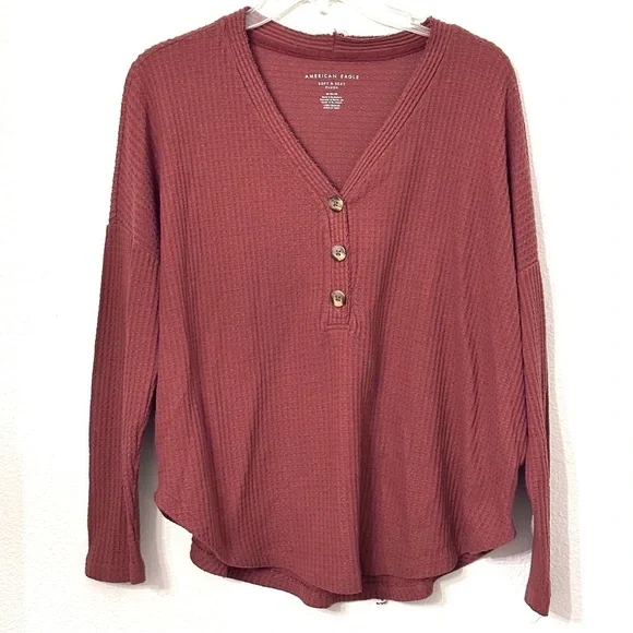 American Eagle Outfitters Soft Sexy Plush Waffle Knit Slouchy Henley - Picture 2 of 2